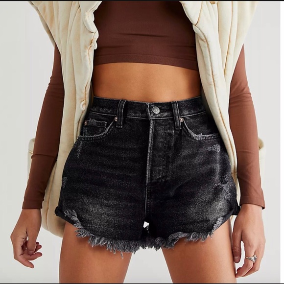 Free People Pants - Free People We the Free CRVY Black Distressed High waisted Lasso Shorts